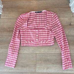 Zara pink gingham long sleeve crop top